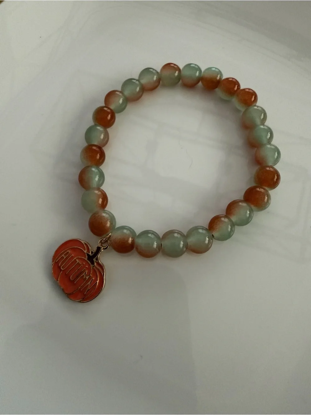 Orange & Sage Autumn Pumpkin Charm Beaded Stretch Bracelet